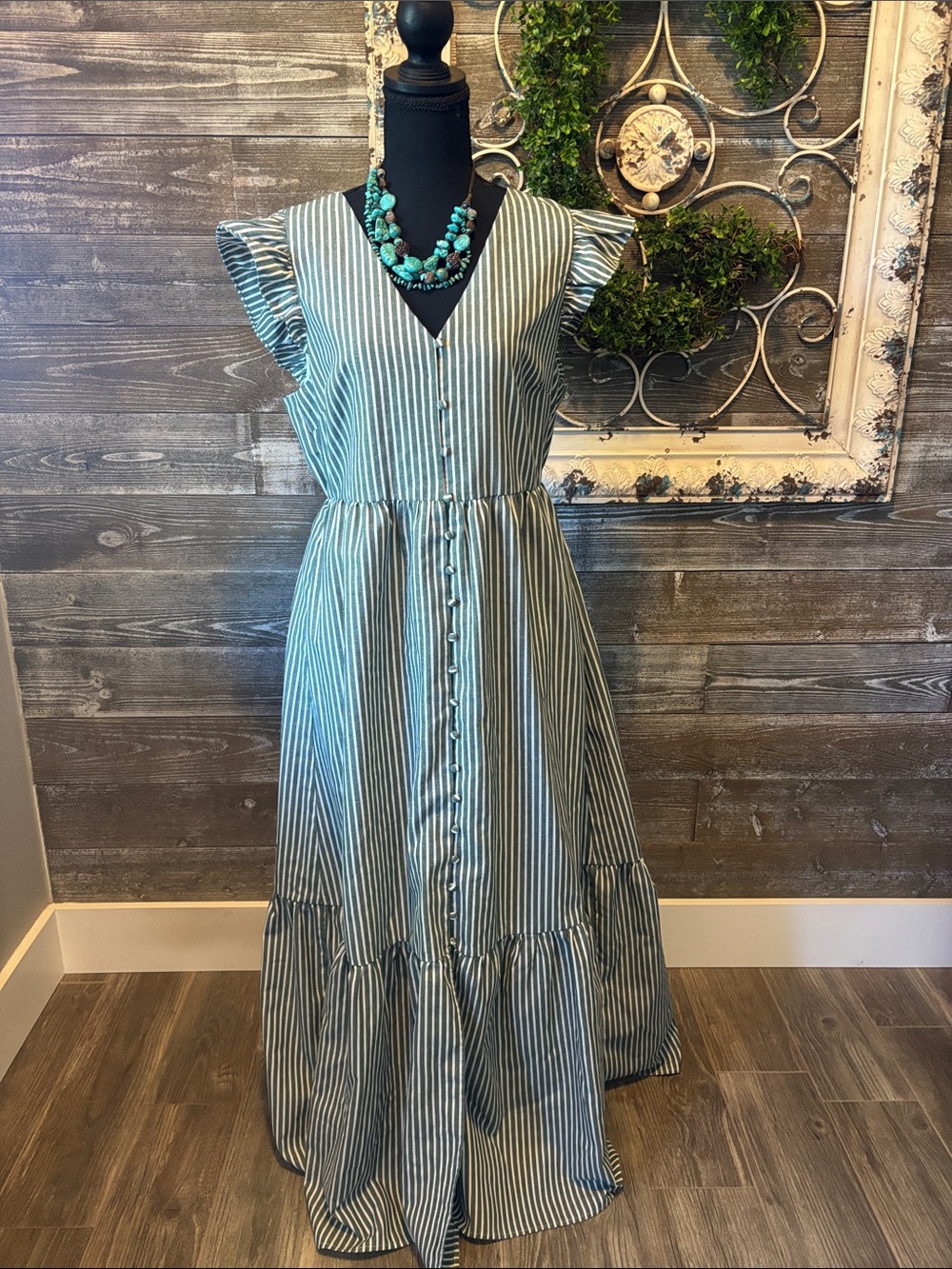 Baltic Born (Size L) Green & White Pinstriped Maxi Dress